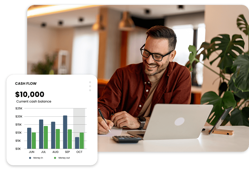 bookkeeping Man at desk with laptop, writing in a notebook. A chart on the side shows monthly cash flow with a current balance of $10,000.
